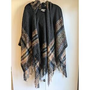 Accessory St New York Womens OS Cardigan Sweater Poncho Black Brown Boho Fringe